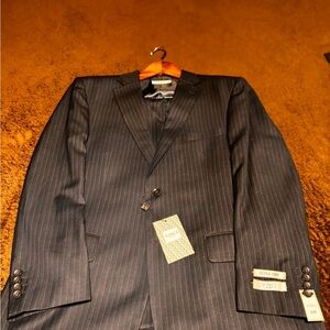VINCI Men's Navy Pinstripe Suit Jacket - Classic Single-Breasted
